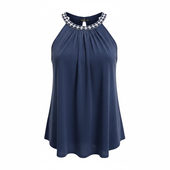 Cable & Gauge Tops - 🎀 Cable & Gauge Navy Embroidered Preppy Halter Top – Size Large 🎀